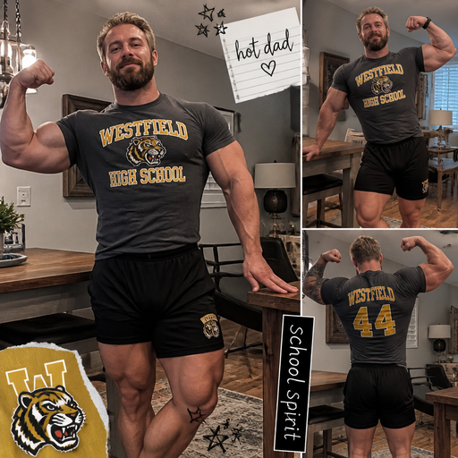 A Real life Full Body Image of a Dad with Dirty Blond hair and Brown Eyes with a Beard with Chunky Arms and Pecs with a Defined Stocky Body and And Grotesque Wrestling Body and a Tiny Waist. Wearing A School Spirit Shirt. Leaning on a Table while Flexing his Ticeps