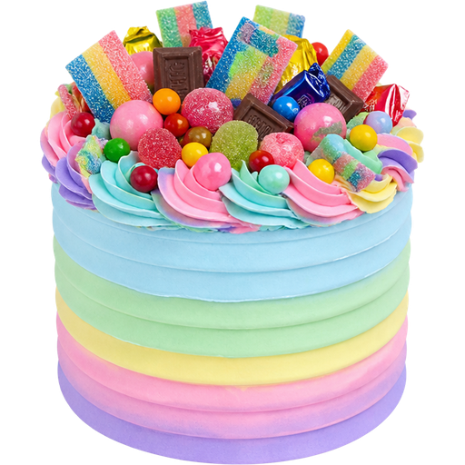 Whole Sweet Shop Cake with Ombré Pastel Blue, Pastel Green, Pastel Yellow, Pastel Pink and Pastel Purple Buttercream Frosting on The Outside and Candy Like Air Heads Sweet & Sour Xtreme Stripes along with a Bunch of Other Candy and Chocolate on the Top