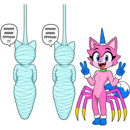 cartoon network version wrapped up and mummified fully covered in a #B8FFFF spider slik cocoon shaped like anthro cat girl anthro worried arms behind back with #B8FFFF spider slik wrappings completely covered with thick layers non-transparent #B8FFFF spider slik wrappings hanged to the ceiling MMMMMNNNPPPHHH!!! on the left side next to wrapped up and mummified fully covered in a #B8FFFF spider slik cocoon shaped like anthro cat girl anthro worried arms behind back with #B8FFFF spider slik wrappings completely covered with thick layers non-transparent #B8FFFF spider slik wrappings hanged to the ceiling MMMMMNNNPPPHHH!!! on the left side next to smiling happy eyebrows anthro femboy pink cat drider with blue and white tail white wrists blue hands white ankles yellow tips on spider legs green collar blue unicorn horn doing victory sign based on unikitty