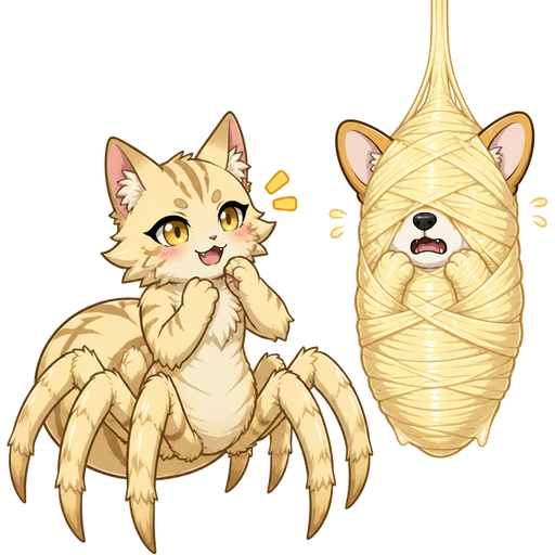 cat drider hybrid next to #FFF4A6 spider cocoon mummified completely covered anthro corgi whimper with #FFF4A6 spider slik wrappings completely covered hanging