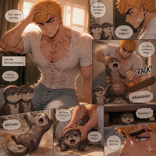 Structures and Young Adult BARA CUTE that is Peach Toned skin not anything else MALE not to detailed Wit h bigger than average Pecs that a re visible through the shirt and Biceps and a big Bandaid on his nose and Left Cheek and Right Eye brow with Scars all over his Chest and arms. Wearing a White Baggy Top that is tight around the waist and Athletic shirt drenched in sweat and Short and yellowish orange Hair and Bright Gold Fluffy Hair and Strait with brown eyes and black eyebrows with a Three finger Slash on his Eyebrow. With no Facial Hair. Waking up in the morning in pajamas and his Ugly pet Otter twins but Excessively bully’s them. there are is discipline. and asks for some and the looses a tail and tries to run under the couch but stops him. And the otter Receives discipline that. And the otter(his twin) just watching and tries to help but is denied. And he goes flys, and lands wrong. The brother that tried to help and the one getting disciplined screamed his name and cried but then silenced. And He sees his twin
