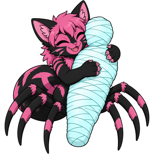 pink and black anthro cat drider hybrid happy hugging #B8FFFF mummified completely covered human shaped cocoon completely covered