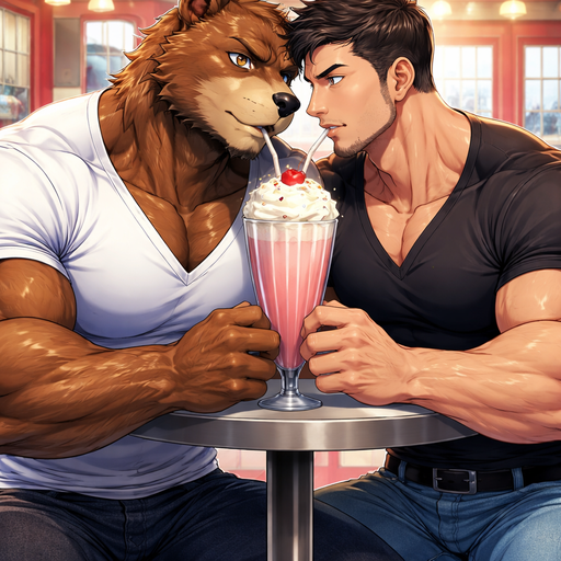 A Full BODY and FACE of a Muscular and Buff with Gigantic Pecs AND biceps. VERY Masculine and handsome Anime Bara Furry Grizzly Bear with a Very Good-looking and Mature Face and brown eyes with a wrestler type body. In a V-Neck Shirt at a Diner both hima md his boyfiend drinkning from the same milkshake looking into eachothers eyes. With his Gigantic Muscular and Buff human boyfriend