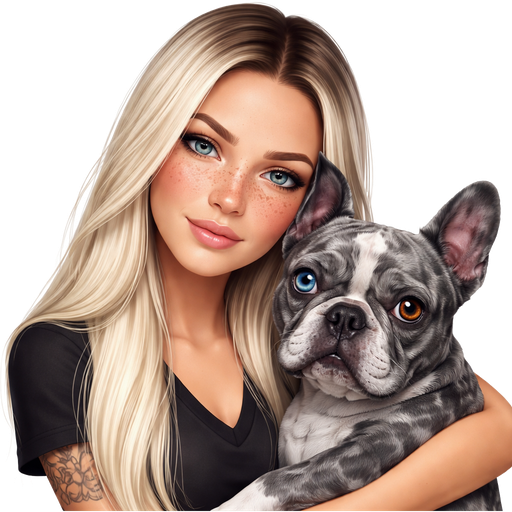 Ice Blonde dark roots no makeup 38 year old girl blue-grey eye color squinty dark freckles very straight long hair cuddling gray merle one blue eye one brown eye French bulldog serious black v neck tshirt