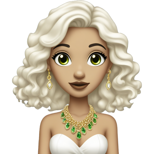 A Girl with Black curly hair and a Big White dress and green eyes with Long lashes and makeup and White High heels and Long Gold Ear rings and a gold necklace