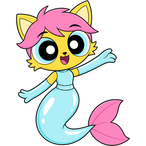 yellow boy cat furry with pink hair and light cyan very long rubber gloves light cyan dress tucked in light cyan mermaid tail with white highlights with pink tail fins (powerpuff girls version)