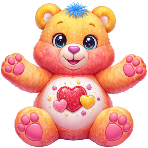 Thankful Heart Care Bear with Gradient Orange, Yellow and Pink Mixed Pattern Fur and Yellow Around the Forehead and on the Ears with Pink Paws and Pink Feet On the Stomach Blue Paws are Reaching For the Glitter Hearts with a Yellow Outline and Red Hearts with Purple, Yellow, Pink Twinkles and Stars on the Stomach with a Purple Heart Nose and Blue Tufts of Hair and Two Hearts in the Pupils of the Eyes