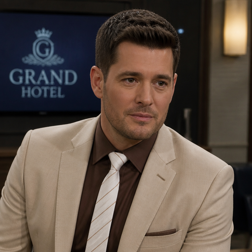 Michael bublé grand beige notched lapel blazer brown shirt and white and white with stripes tie tv 📺 drama series