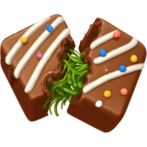 Dubai chocolate bar with green kataifi coming out chocolate bar, broken into two pieces cracked drizzled with white chocolate and sprinkles
