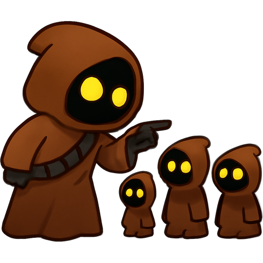 Cute Jawa slightly leaning forward in an aggressive stance shaking his finger and scolding jaw children of 3 different heights