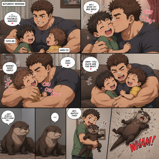 A DETAILED AND LIFELIKE ANIME Comic Book story view of a Bulky but Muscular ANIME Cute Bara Man With Peach toned skin Who looks Normal aind round facial Structure and Basic facial structure With Puffy and Big Pecs that are visible through the shirt and Biceps and Bandaid on his nose and Brown short hair that makes them look tough. Wearing normal With his pet Grown and healthy realistic otter and 2 little brothers that are in different ages but young. And he annoys the little brother’s and he kisses them all over their faces, and they laugh with joy. But the otter is left out and no one cares for him and and a brother picks him up and it flys to the wall