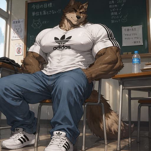A Full BODY and FACE of Buff Gigantic Pecs AND biceps and a Perfect Waist. Masculine ANIME Bara Furry Brown Wolf. Wearing a Baggy Adidas White Shirt and Jeans in a classroom. Drenched in Sweat. With his hands in his pocket. In a Chair
