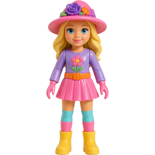 action figure girl with pink and purple florist hat blonde hair purple long sleeved shirt orange belt pink skirt long cyan and pink socks yellow boots pink gloves