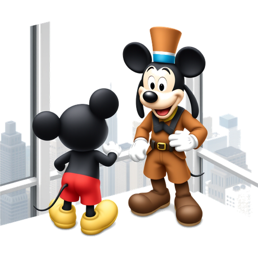Micky mouse and Goffy in New York city on the balcony of their hotel with a great view of the city and the streets taking a photo.