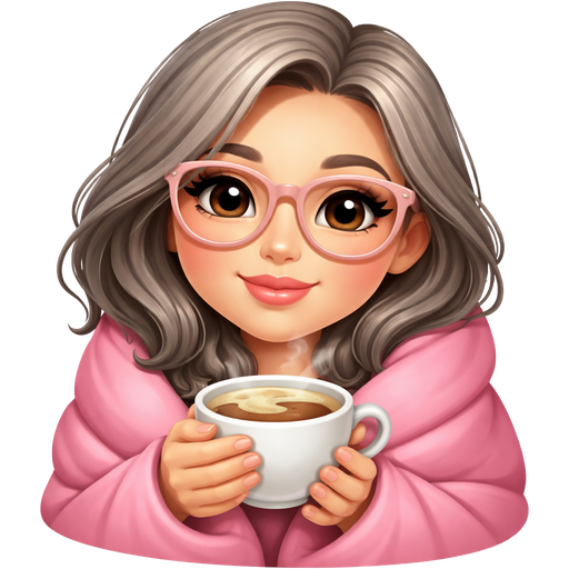 A cute emoji in Apple iOS style: pretty woman with grey slightly wavy shoulder-length hair, wearing fashionable pantos-shaped glasses (rounded square frames) with light pink frames, wrapped in a pink blanket and holding a cup of coffee