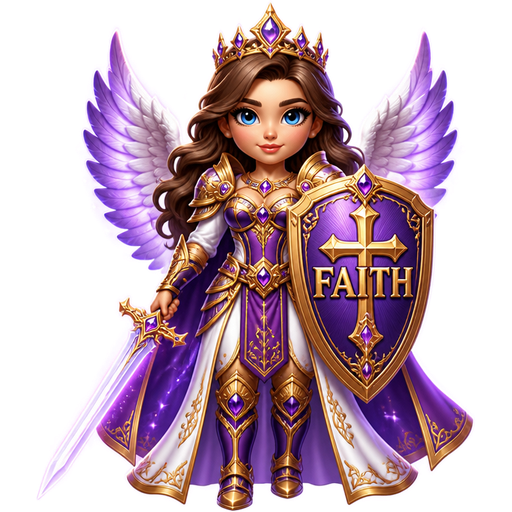 Magical Female archangel commander, brown hair, blue eyes, crown with purple jewels, purple aura , with the shield of Faith