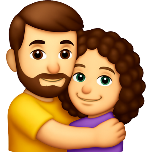A brown hair and brown eye white boy with beard hugging a Brown curly haired white girl with green eyes and dimples