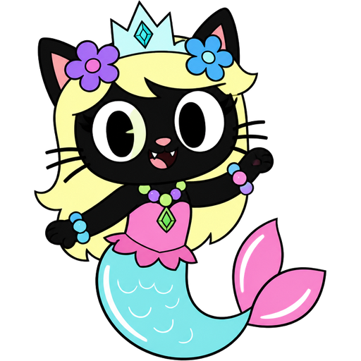 black cat with light yellow hair purple and blue flowers light cyan crown purple and green necklace pink and blue bracelets pink dress attached to long light cyan mermaid tail with white highlights with pink tail fins with white highlights in cartoon network styles 1 mighty magiswords 2 adventure time 3 unikitty! 4 powerpuff girls 5 we bare bears 6 hi hi puffy amiyumi 7 robotboy