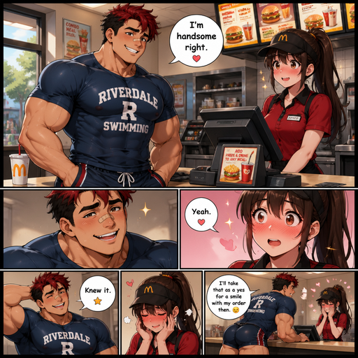 A Full page Anime Comic book story of a masculine and Bulky ANIME Cute Bara Man Who looks Normal and American 20 year old with a round facial Structure and Basic facial structure With Puffy and Big Pecs that are visible through the shirt and Biceps and Bandaid on his nose. Wearing a College Swimming spirit shirt and swimming trunks and Dark Red Hair and Black Roots. At a fast food Place at the cash register flirting with the waitress at the cash register and saying I’m handsome right. And Making a Warm, cute and hot smile. She blushes and says Yeah.
