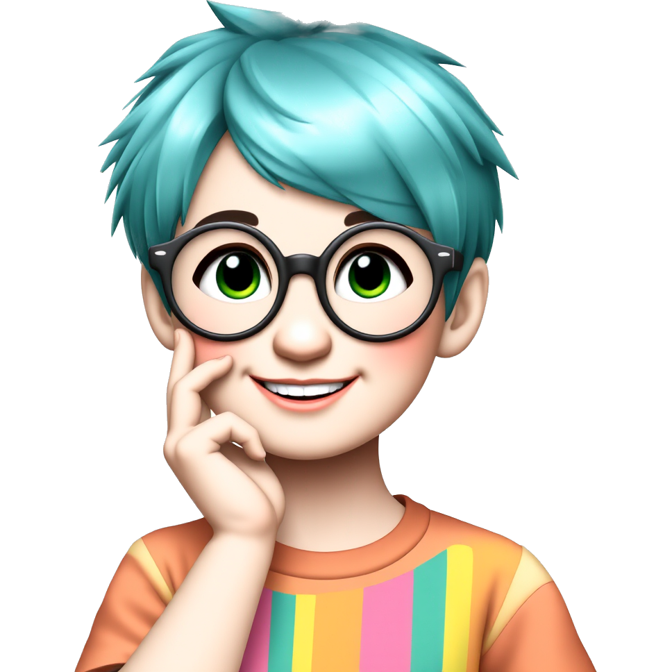 "Whimsical girl with a bright teal pixie cut, wearing oversized round glasses and a rainbow-patterned shirt, playfully resting her hand on her cheek, surrounded by floating musical notes and colorful butterflies, exuding a sense of carefree joy and creativity."