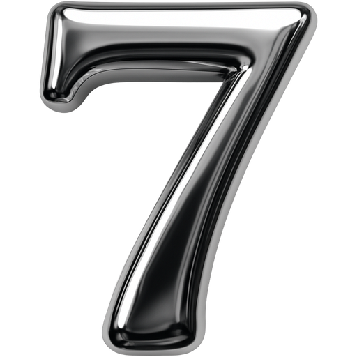 High shine chrome number 7 in serif font. Strong top left light source, medium pillow inflation, high contrast reflection, soft bevel fully rounded