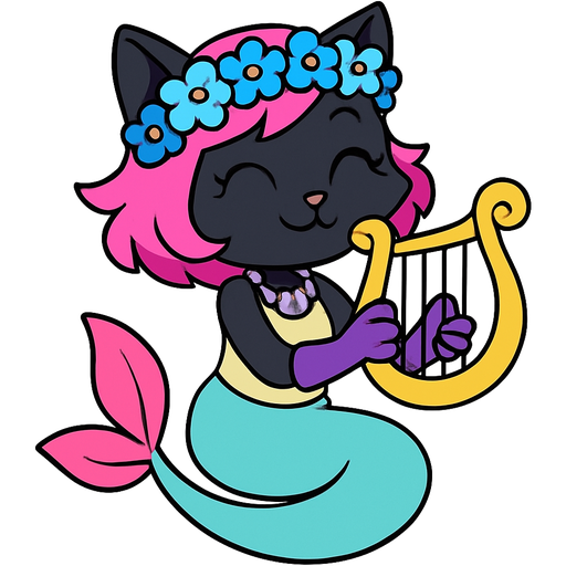 black anthro cat with pink hair blue flower crown with light purple shell necklace light yellow dress attached to long light blue mermaid tail with pink fins purple gloves holding a golden harp