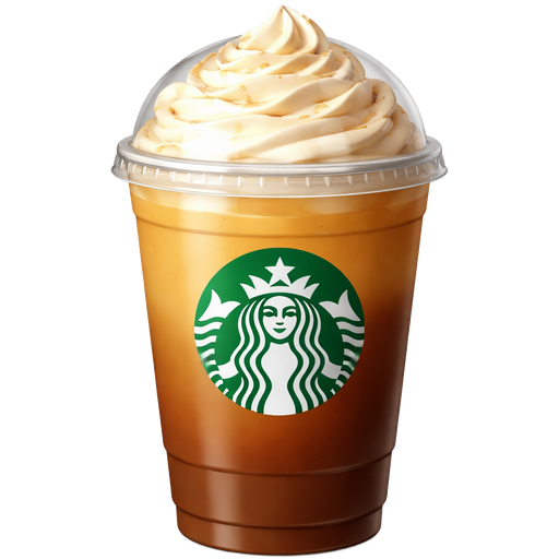 Taza de starbucks con líquido medio marrón medio naranja dentro que esté lleno 4/5 sin hielo y con nata que la tapa sea media esfera