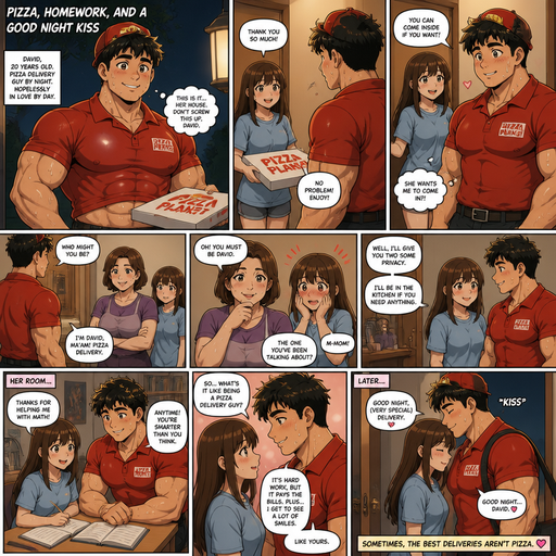 A Full page Anime Comic book story about of a Bulky and less shredded or muscular ANIME CUTE Bara American 20 year old with a ROUND and BASIC facial structure and Young Adult BARA that is Peach Toned skin not anything else MALE not to detailed With bigger than average Pecs that are visible through the shirt and Chunky, beefy and Bulky Biceps and biceps. Wearing a Baggy Pizza Delivery outfit with Tight waist and six pack and drenched in sweat and Short and Black fluffy hair with Blond bright hair tips and Strait with brown eyes and black eyebrows and with a slim waist not broad shoulders. With no Facial Hair. As Pizza delivery guy delivery to his crush and she says thank you and she lets him come inside and her mom asks who he is and she oh you must be David and she goes oh your crush and the daughter gets embarrassed. And she says let go to my room so you can help on homework they go into her room and they get to now each other and when her mom is gone the walk out of the room he kisses her good night on the head