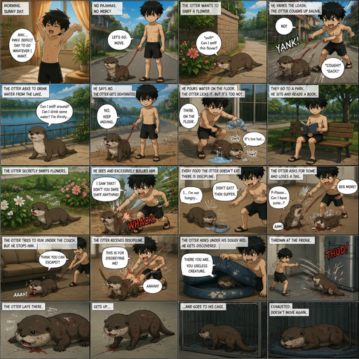Waking up in the morning on a Sunny day and no cin pajamas and his pet otter but Excessively bully’s it. in the neighborhood and the Otter wants to stop and sniff a flower but he yanks the leash and the Otter coughs up Saliva and the otter asks if he can sniff a drink water from the lake but he’s says no and gets dehydrated and he pours what we on the floor and the otter licks it but it’s to hot. But They go to a park and he sits down and reads a book and can see the otter trying to secretly sniff flowers so he Excessively bullies him. Then later Every food the otter doesn’t eat there are is discipline. and asks for some and the looses a tail and tries to run under the couch but stops him. And the otter Receives Discipline that. And hides under his Doggy bed and gets discovered and thrown at the fridge and then the otter lays there, gets up and goes to his cage exhausted then doesn’t move again
