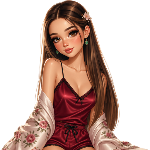 semi-realistic soft cartoon luxury glam, mini plush Bratz-doll aesthetic, cinematic glow, crisp clean detail, glossy glam skin. brown eyed Petite 5ft girl, fair skin with soft freckles, wide face with tall forehead, honey-brown almond wide-set upturned eyes, fluttery lashes, shimmer highlight, plush lips, bottom heavy lip, sweet Belle-princess vibe, long straight brunette hair with visible caramel highlights, wearing a deep red satin pajama cami with black trim, matching silky sleep shorts, a pale floral robe, jade earrings, hair in sleek straight hair with a floral pin, makeup with softly smoked liner, rose-plum blush, and a glossy pink-beige lip, posing with calm elegant cozy energy and a quiet confident smile