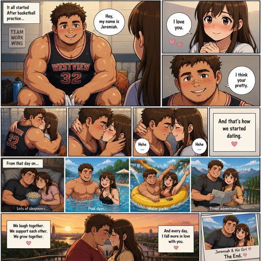 An Anime Comic book story of a Chunky Small but Muscular and more Muscle than Fat ANIME Cute Bara Man Who looks Normal and American with a round facial Structure and Basic facial structure With Puffy and Big Pecs that are visible through the shirt and Biceps and Bandaid on his nose. Wearing a Tight Basketball. Sitting on bench after practice drenched in sweat looking at his girl crush saying how was “ hey my name is Jeremiah”. and her blushing and looking into his eyes saying “I love you”. Then he says “I think your pretty” then they Hug and kiss. And there foreheads touch and they nose rub and they giggle and Start to date from then on. And they did a lot of sleepovers and they Went to Pools and Water parks together and had fun and Travled
