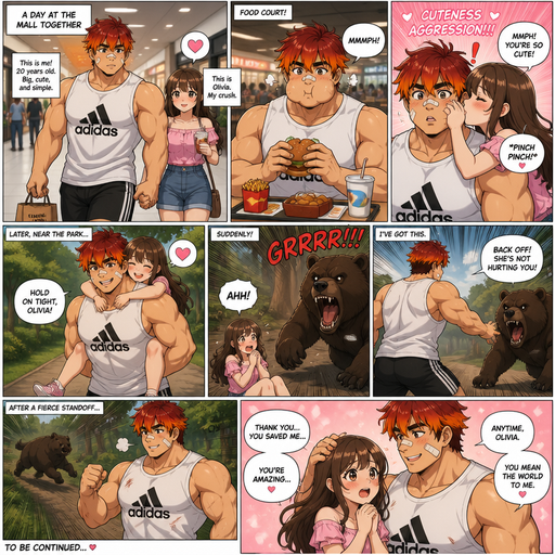 A Full page Anime Comic book story about of a masculine and Bulky ANIME Cute Bara Man American 20 year old with a ROUND and BASIC facial structure and TENAGE BARA CUTE MALE not to detailed With bigger than average Pecs that are visible through the shirt and Biceps and a big Bandaid on his nose and Left Cheek and Right Eye brow. Wearing a no piercings Baggy White Adidas Sleeveless Shirt and Shorts and Red Hair and Bright Orange Hair Tips and Strait with brown eyes and black eyebrows. At the Mall Together, and he is holding hand with his Olivia his Crush. Both At the food court eating food and he puffs his cheeks when he eats and she had CUTENESS AGGRESSION for him and kisses him and pinch’s his cheeks. And The He Carries her on his back in the park near the mall. He finds a Bear attacking her so he goes and Protects her and Scares the bear but but wins. She Thanks him And Blushes