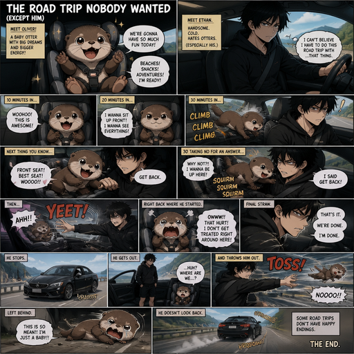A comic book that show every action and Picture by picture and shows impact of a A baby otter that is in his booster seat in the back and talks about how ready he is for the fun there going to have and also in the car his Cute and Handsome owner who hates the otter wearing a Black Hoodie and Shorts owner who is on a road trip with his otter in the back and the otter climes to the front and Squirms in the front seat and is thrown back into his chair and jerks back from recoil and talks about how he doesn’t get treated right mad he the owner stops the car and gets out and throws the otter out of the car and continues
