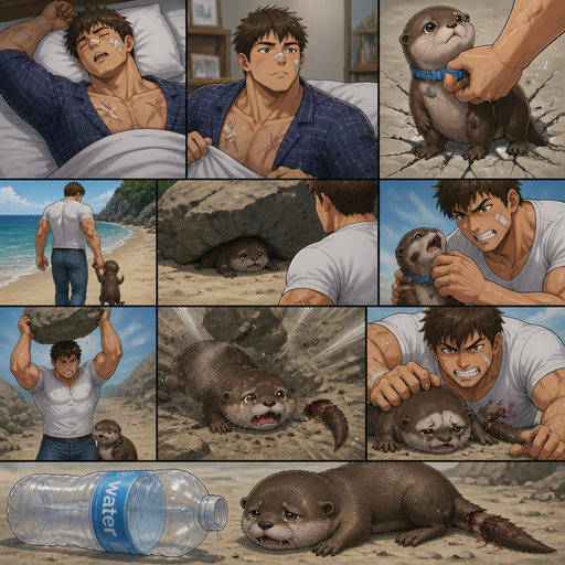 Anime Comic book story that’s a detailed Picture by Picture about of a Bulky ANIME Cute Bara Man American 20 year old with a ROUND and BASIC facial structure and Young Adult BARA CUTE that is Peach Toned skin not anything else MALE not to detailed With bigger than average Pecs that are visible through the shirt and Biceps and a big Bandaid on his nose and Left Cheek and Right Eye brow with Scars all over his Chest and arms. Wearing a white shirt that is tight around the waist and Jeans drenched in sweat and Short and Brown strait Fluffy Hair and Strait with brown eyes and black eyebrows with a Three finger Slash on his Eyebrow. With no Facial Hair. Waking up in the morning in pajamas and his pet baby Unathletic otter but Excessively bully’s it by holding his collar and the otter cracks the ground around his neck. And then they go to the beach and try’s to hide under the rock and he finds the otter and then looses his tail from a boulder Excessively bully’s him more. And then lays there and tries to get water but cant