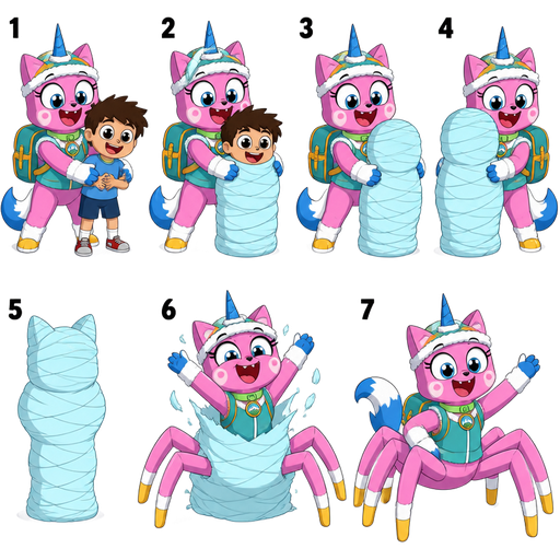 unikitty drider hybrid life cycle transformation happy pink cat anthro furry boy with blue and white tail white wrists blue hands white ankles yellow socks green collar blue unicorn horn based on unikitty wearing everest's hat and everest's clothing with everest's backpack grabbing kid in blue shorts and 2 wrapping around kid in blue shorts whole body 3 and head completely covered 4 wrapped up think layers of light cyan spider slik cocoon shaped like kid behind back with #B8FFFF spider slik wrappings completely covered with thick layers non-transparent #B8FFFF spider slik wrappings 5 wrapped up and mummified fully covered in a #B8FFFF spider slik cocoon shaped like anthro cat furry boy anthro with arms behind back with #B8FFFF spider slik wrappings completely covered with thick layers non-transparent #B8FFFF spider slik wrappings 6 happy anthro furry pink cat drider with blue and white tail white wrists blue paws white ankles yellow tips on spider legs green collar blue unicorn horn based on unikitty wearing everest's hat and clothing emerges from its wrapped up and mummified fully covered in a #B8FFFF spider slik cocoon shaped like anthro cat furry boy anthro with arms behind back with #B8FFFF spider slik wrappings completely covered with thick layers non-transparent #B8FFFF spider slik wrappings 7 happy anthro furry pink cat drider with blue and white tail white wrists blue paws white ankles yellow tips on spider legs green collar blue unicorn horn based on unikitty wearing everest's hat and clothing