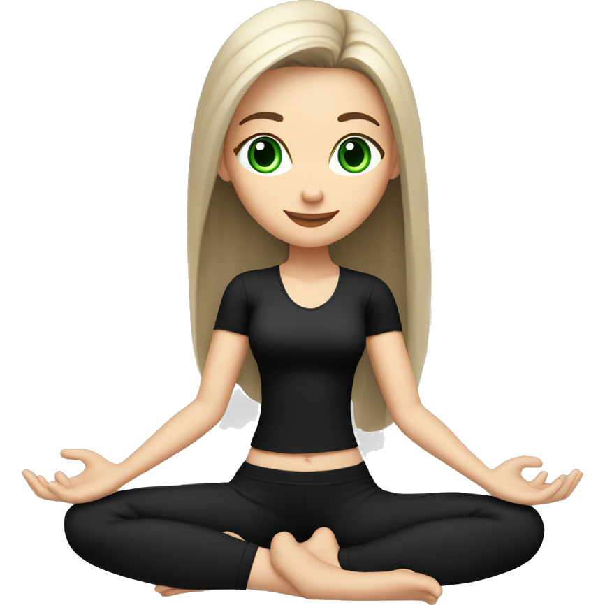 Beautiful white girl with perfect dark brown long straight amazing hair and green eyes sitting in yoga pose with black outfit (short sleeve top)