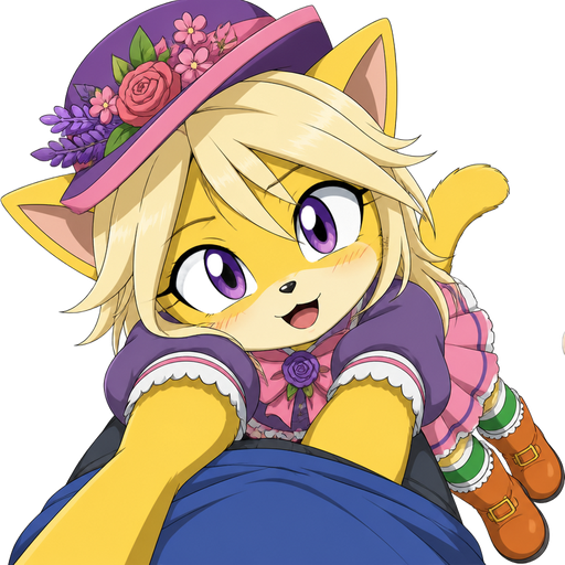 furry yellow cat anthro with purple eyes light blonde hair purple and pink florist hat and purple florist outfit green and white socks orange boots with buckles light pink skirt is hugging you by its body in first person view sonic x