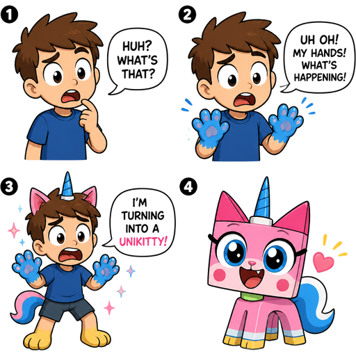 comic transformation 1 boy huh? what's that? 2 boy with blue hands to paws uh oh my hands what's happening! 3 boy with blue hands to paws feet to yellow paws pink cat ears blue unicorn horn I'm turning into a unikitty 4 unikitty