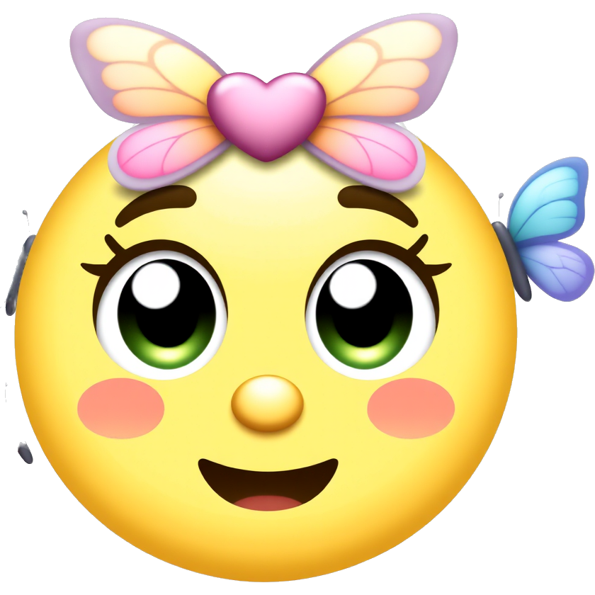 A super cute kawaii yellow emoji with big sparkly eyes, adorned with colorful pastel butterflies fluttering around it. It wears a tiny heart-shaped bow on its head and has rosy cheeks, radiating joy and playfulness, surrounded by twinkling stars and tiny sparkles for an extra dose of charm! ๐๐๐ฆ