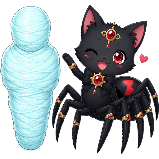 wrapped up and mummified fully covered in a #B8FFFF spider slik cocoon shaped like brother arms behind back with #B8FFFF spider slik wrappings completely covered with thick layers non-transparent #B8FFFF spider slik wrappings next to a happy male black widow spider cat drider hybrid jewelpet sunshine version