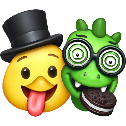 A chick wearing a top hat and has its tongue out and next to the chick there is a dinosaur with funny glasses and eating a Oreo