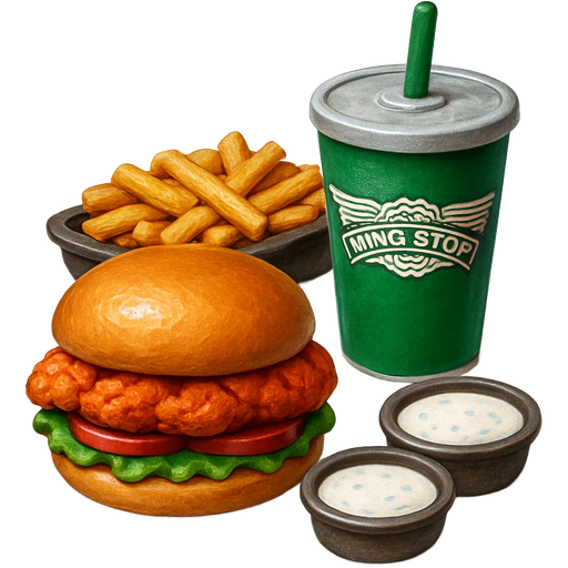 Wingstop order: cajun chicken sandwich, tray of fries, and soda. Ranch and blue cheese sauces. Clay style painted metallic