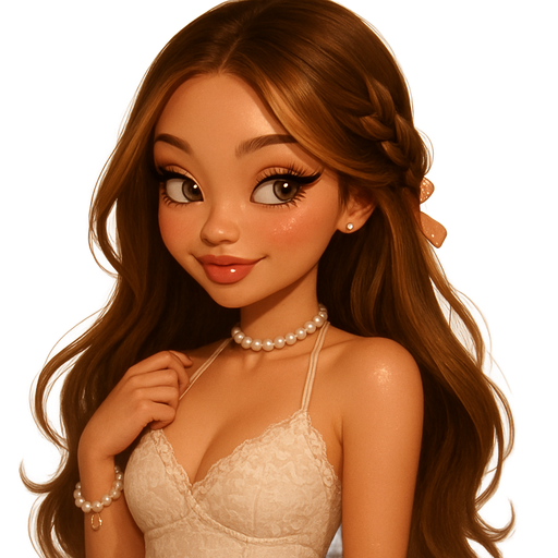 luxury glossy bratz-anime romantic aesthetic, warm cinematic glow, crisp clean detail, glossy glam skin. petite girl, soft-autumn tone, fair skin, honey-brown almond eyes, soft freckles, round moderate bust, sweet Belle-princess vibe, very long brunette honey balayage hair with visible light honey blonde highlights, lace halter + pearl mini, mood: flirty little menace shoulder shrug giggle, hair: braided pony ribbon wrap, makeup: glossy lip plump shimmer under brow, jewelry: dainty pearl choker charm bracelet, pop-princess energy, shimmer highlight, sparkly glow
