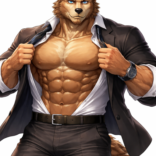 A Full BODY and FACE of a Muscular and Buff with Gigantic Pecs AND biceps. VERY Masculine and handsome Anime Bara Furry Grizzly Bear with a Very Good-looking and Mature Face and Blue eyes with a wrestler type body. Unbottening his Black Suit and Tie with his Sleeves rolled up.