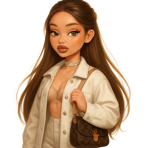 luxury glossy bratz-doll romantic aesthetic, warm cinematic glow, crisp clean detail, glossy glam skin. brown eyed Petite girl, fair skin with soft freckles, long wide face with tall forehead, honey-golden almond wide-set upturned eyes, attached ear lobe, fluttery lashes, shimmer highlight, plush lips, bottom heavy lip, sweet Belle-princess vibe, long straight brunette hair with visible light blonde highlights, softly defined feminine body, soft hourglass shape with full round bust, wearing a light warm ivory oversized denim jacket with a nude bralette with floral mesh top trim peeking through, jacket covering mini shorts, light warm taupe over-the-knee pointed-toe stiletto boots, crossbody mini louis vuitton across body with tan straps and brown and blue-gray designing, white-gold jeweled patterned choker, half-up style: top strands of hair pinned to the back leaving out soft tendrils, matte muted-mauve plush lips, light gold shimmer eyelid, light gold stud earrings, holding the shoulder strap of her bag with a side eye. Cozy romantic glow, soft warm lighting, pop-princess energy