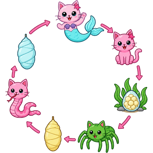 Life cycle of the light cyan mermaid tail pink cat seaweed egg green spider cat hybrid light yellow cocoon
Pink snake cat hybrid light cyan cocoon light cyan mermaid tail pink cat cartoon clipart style version