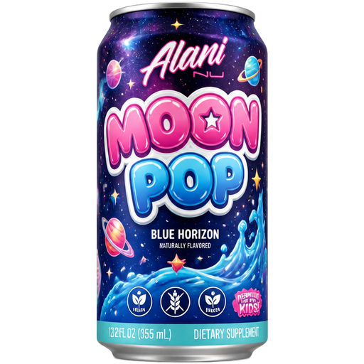 A can as big as a mini Alani the brand is moon pop in bubble letters include that it perfect for kids put it’s healthy in rainbow, right have the background very spacey galaxy make sure to include it. Vegan on gluten-free. It has vegetable vegetables and fruit. Fruits in the flavor will be blue horizon. and all the others and it has like on the stuff with the drizzle licious all the good stuff about it like you know that stuff yeah