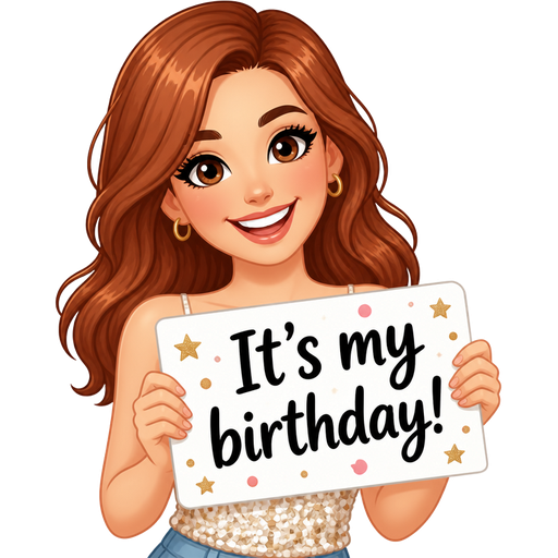 light skin woman with auburn brown hair wearing a summer top with sequins on it holding a sign that says It's my birthday!