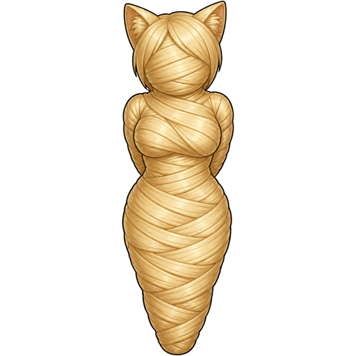 wrapped up and mummified fully covered in a blonde hair spider slik cocoon shaped like female cat girl anthro with arms behind back with blonde hair spider slik wrappings completely covered with thick layers non-transparent blonde hair spider slik wrappings blonde hair