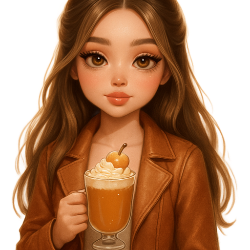 luxury glam-Bratz romantic aesthetic, warm cinematic glow, soft fairytale lighting, crisp clean detail, glossy doll-like skin, soft glowing blush, fluttery lashes, big honey brown almond eyes, plush lips, feminine delicate features, sweet princess vibe, soft glam makeup, gentle warm highlights in hair, dreamy whimsical softness, cozy romantic energy: petite soft feminine figure, soft-autumn tone, pale skin, soft freckles, round, full moderate bust, natural curves, soft natural body definition, straight long brunette hair with blonde highlights, warm cinnamon leather jacket, cream mini dress, hair in loose half-claw, sipping caramel apple cider, pop-princess energy, shimmer highlight, sparkly glow
